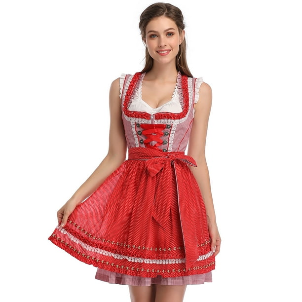 Womens Authentic German Red Pink Check Dirndl Oktoberfest Dress Ladies Costume 